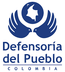 Logo de la defensoría del pueblo. Dos manos que también asimilan ser aves debajo de un planeta con la forma de Colombia adentro